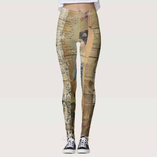 Rustikales Vintages Zeitungs-Patchwork-Collage (9) Leggings (Vorderseite)