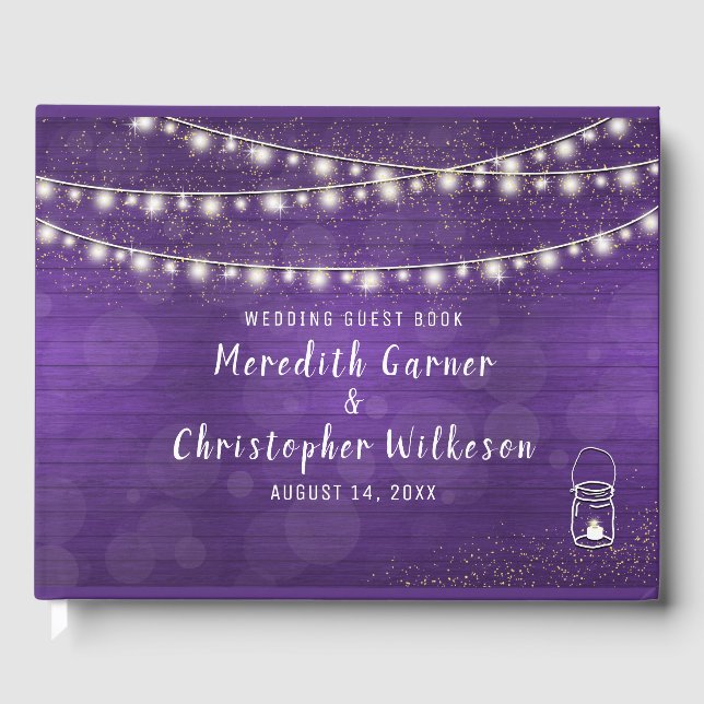 Rustikales Violet Wood Mason Jar String Lights Hoc Gästebuch (Vorderseite)