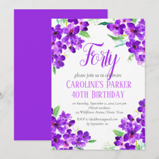 Rustikales Violett 40. Geburtstag Lila florale Einladung