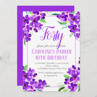 Rustikales Violett 40. Geburtstag Lila florale Einladung