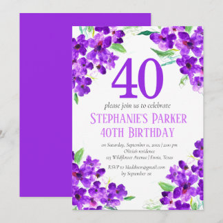 Rustikales Violett 40. Geburtstag Lila florale Einladung