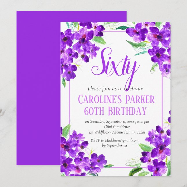 Rustikales Violett, 60. Geburtstag, Lila Einladung (Vorne/Hinten)