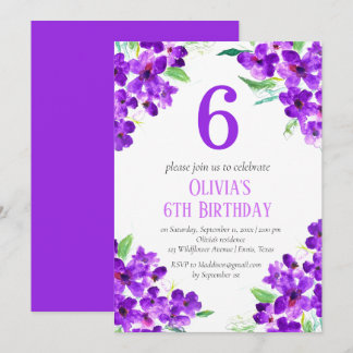 Rustikales Violett 6. Geburtstag Lila florale Einladung