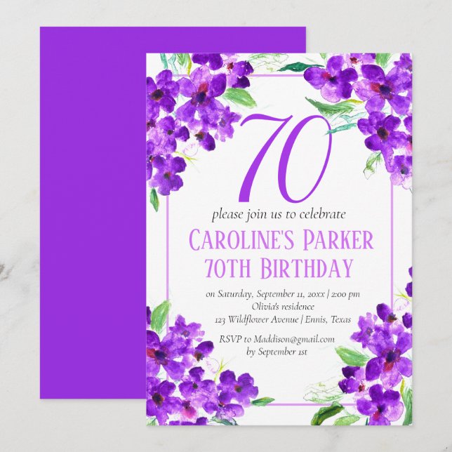 Rustikales Violett 70. Geburtstag Lila Einladung (Vorne/Hinten)