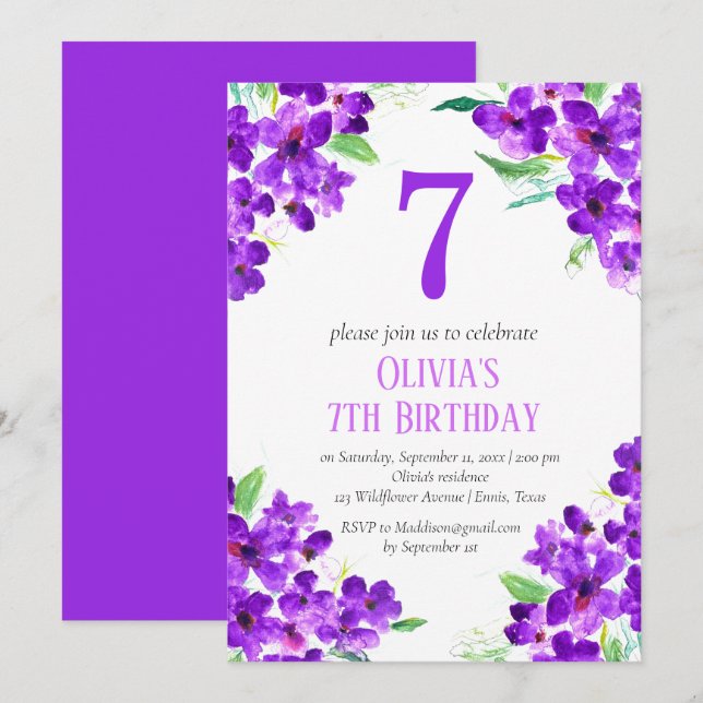 Rustikales Violett 7. Geburtstag Lila florale Einladung (Vorne/Hinten)