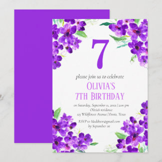 Rustikales Violett 7. Geburtstag Lila florale Einladung