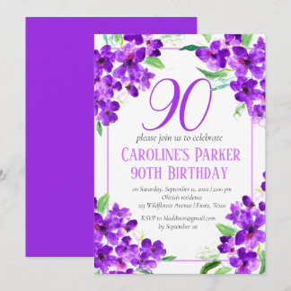 Rustikales Violett 90. Geburtstag Lila florale Einladung