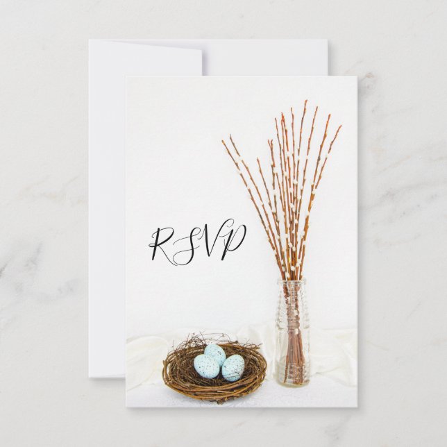Rustikales Vogelnest, Eier, Pussy Willow Wedding R RSVP Karte (Vorderseite)