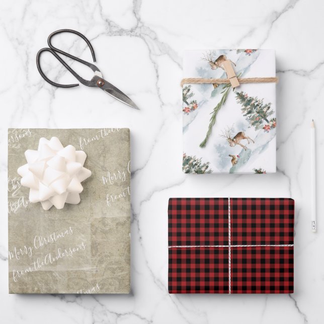 Rustikales Wald Wasserfarbenland Kariert mit Name Geschenkpapier Set (Vorderseite)