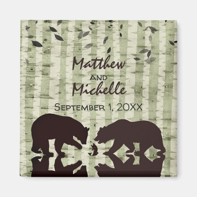 Rustikales Waldbärenfischen, Birkenbäume Hochzeit Magnet (Vorne)