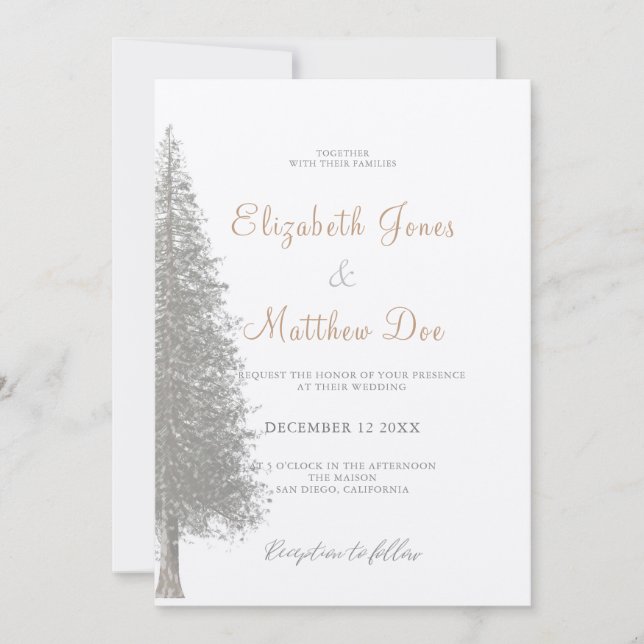 Rustikales Waldgebiet Winterpine Tree Hochzeit Einladung (Vorderseite)