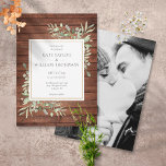 Rustikales Waldgrün Land Hochzeit Foto Einladung<br><div class="desc">Dieses stilvolle botanische Hochzeitsfest mit Aquarell auf rustikalem Holzgelände personalisiert mit Ihrem Foto und besonderen Informationen zum Hochzeitstag. Entwickelt von Thisisnotme©</div>