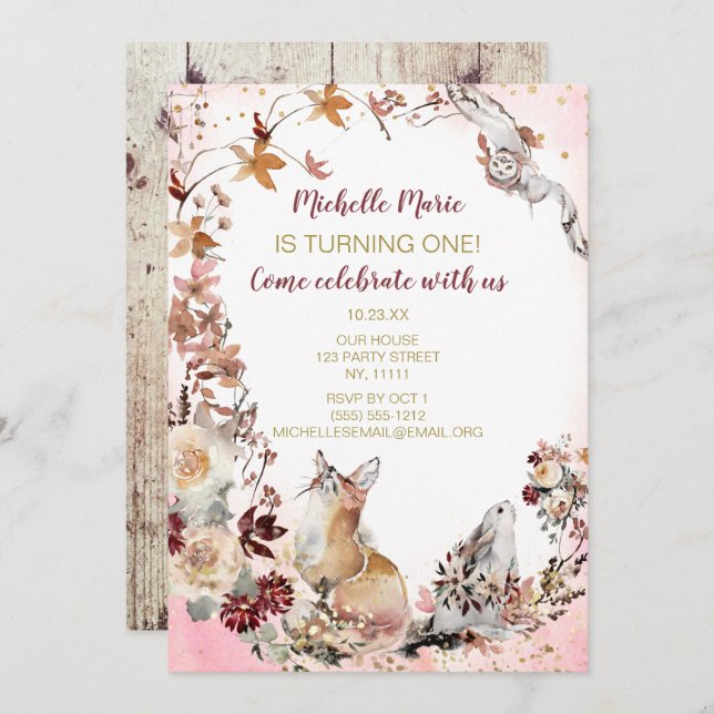 Rustikales Waldland Hirsche Blumengeburt erster Ge Einladung (Vorne/Hinten)