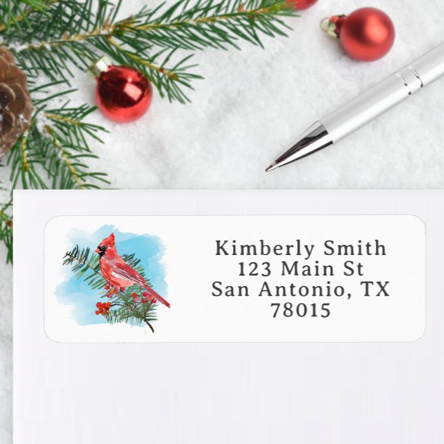 Rustikales Wasserfarben-Kardinal-Weihnachts-Anschr (Watercolor Cardinal Address Sticker)