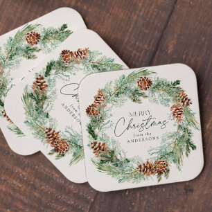 Rustikales Wasserfarben Kieferkraut Frohe Weihnach Rechteckiger Pappuntersetzer