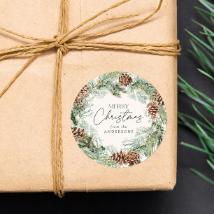 Rustikales Wasserfarben Kieferkraut Frohe Weihnach Runder Aufkleber