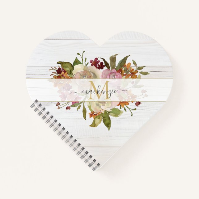 Rustikales Wasserfarben-Rosenbouquet-Monogramm Notizbuch (Vorderseite)