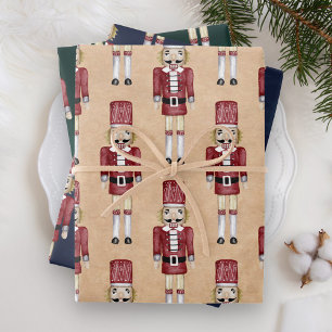 Rustikales Wasserfarben-Rot-Nussknacker-Muster Wei Geschenkpapier Set