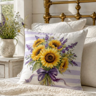 Rustikales Wasserfarben-Sonnenblumen- und Lavendel Kissen