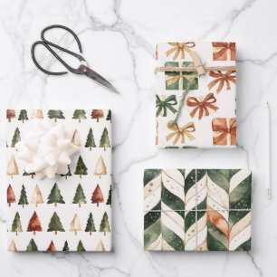 Rustikales Wasserfarben-Weihnachtsset aus 3 Teilen Geschenkpapier Set