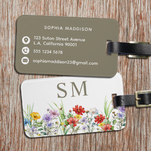 Rustikales Wasserfarben-Wildblumen braun monogramm Gepäckanhänger