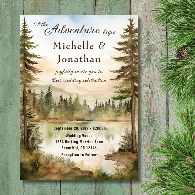 Rustikales Wasserfarbenwaldlandsee Adventure Weddi Einladung (Front - Rustic Watercolor Woodland Lake Adventure Wedding Invitation)
