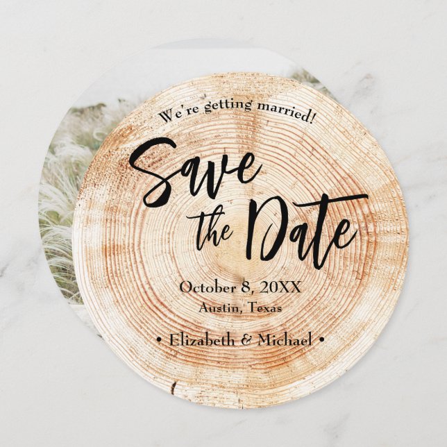 Rustikales Wedding Wood Save the Date Foto Einladung (Vorne/Hinten)