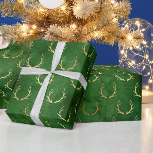 Rustikales Weihnachten Gold Grün süßes Geweih-Must Geschenkpapier