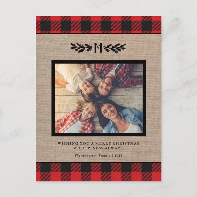 Rustikales Weihnachts-Burlap Monogram Foto Holiday Postkarte (Vorderseite)