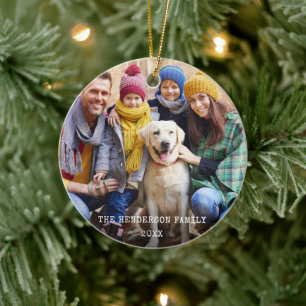 Rustikales Weihnachts-Foto Rote Schneeflocken zurü Keramik Ornament