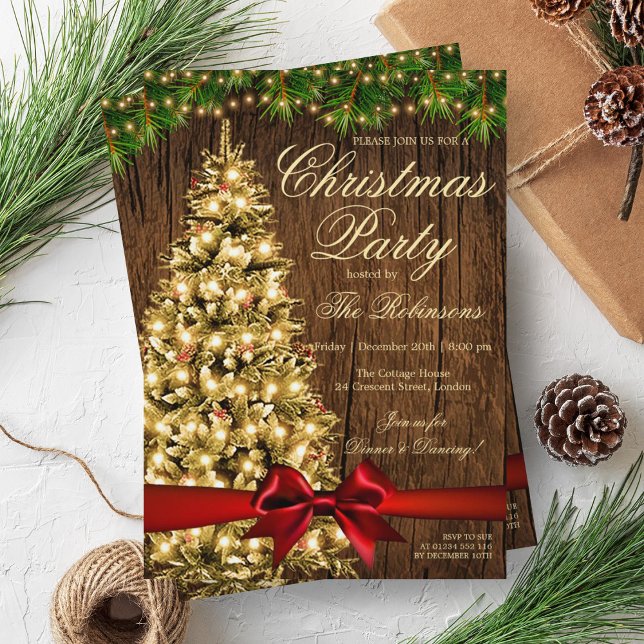 Rustikales Weihnachts-Party | Xmas Tremlicht & Rib Einladung (Rustic Christmas Party | Xmas Tree Lights & Ribbon Invitation)