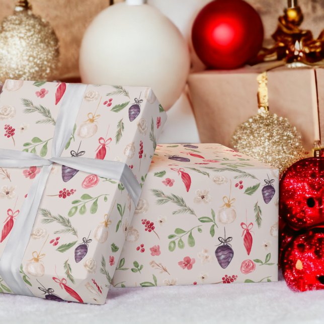 Rustikales Weihnachtsblumenbaummuster Geschenkpapier (Rustic Christmas floral bauble watercolor pattern Wrapping Paper on beige)