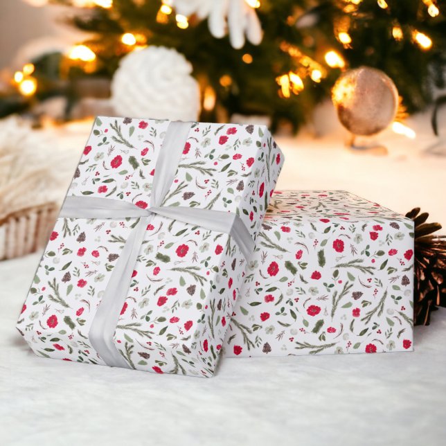 Rustikales Weihnachtsblumenmuster Geschenkpapier (Rustic Christmas floral red watercolor pattern Wrapping Paper on white)