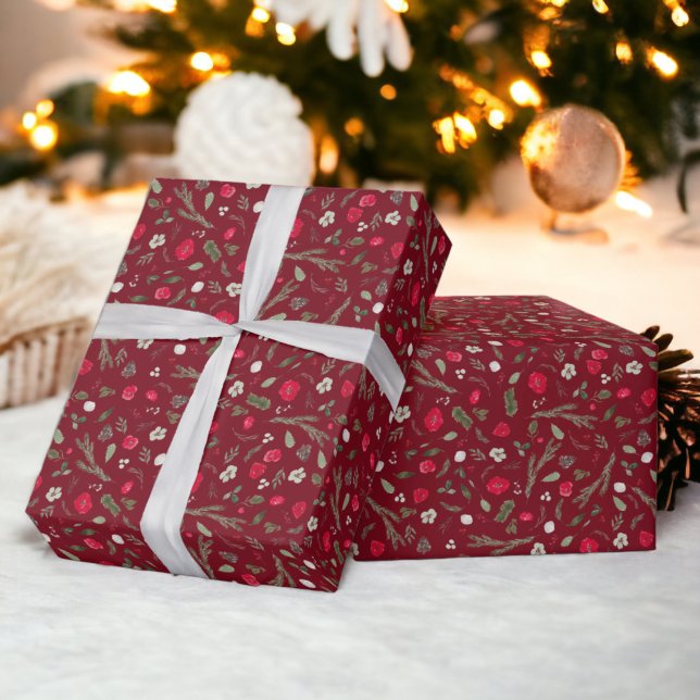 Rustikales Weihnachtsblumenmuster Geschenkpapier (Rustic Christmas floral red watercolor pattern Wrapping Paper)