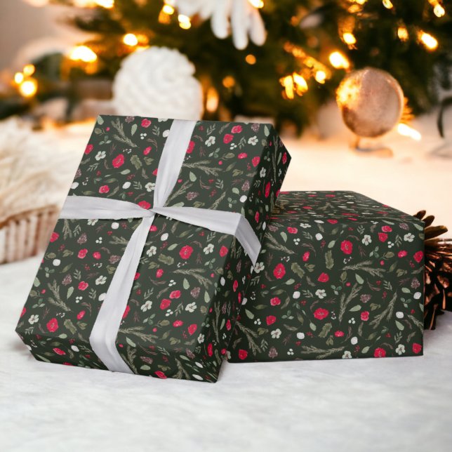 Rustikales Weihnachtsblumenmuster Geschenkpapier (Rustic Christmas floral red watercolor pattern Wrapping Paper)