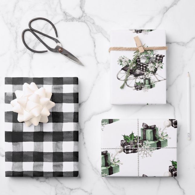 Rustikales Weihnachtsbüffel Karo Sleigh Geschenkpapier Set (Vorderseite)