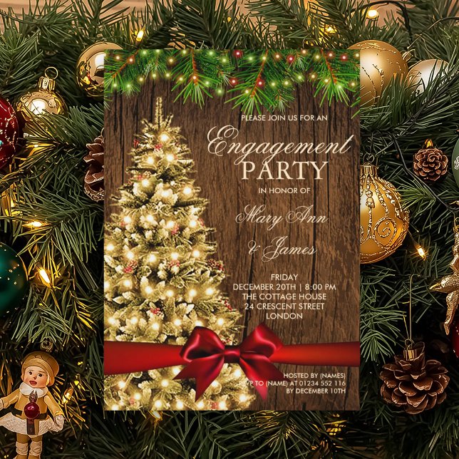 Rustikales WeihnachtsEngagement Party Tree & Ribbo Einladung (Rustic Christmas Engagement Party Tree & Ribbon Invitation)