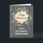 Rustikales Weihnachtsfest Grandson Weihnachten Karte<br><div class="desc">Frohe Weihnachten für Enkelkarte mit rustikalem Weihnachtskranz,  Vintagem Chalkboardmuster und nachdenklichem Vers.</div>