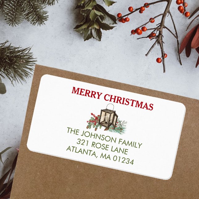 Rustikales Weihnachtsgebäck Laterne Pine Berries Adressaufkleber (Rustic Watercolor Christmas Lantern Pine Berries Label)
