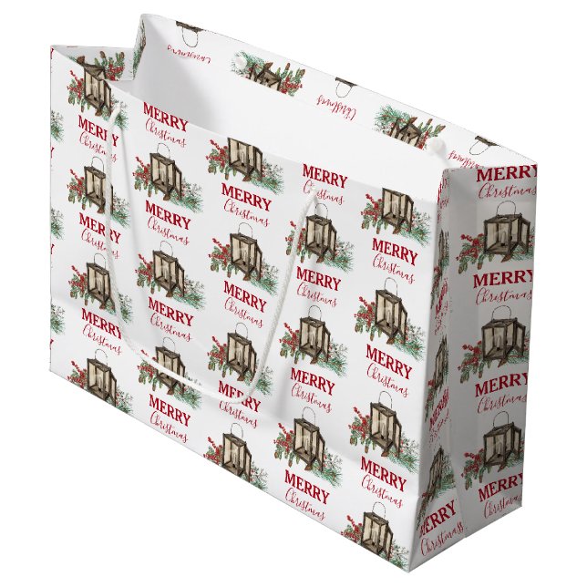 Rustikales Weihnachtsgebäck Laterne Pine Berries Große Geschenktüte (Vorderseite Schrägansicht)