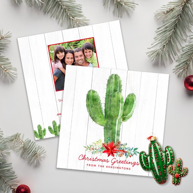 Rustikales Weihnachtskaktus Wood Holiday Foto Einladung (Rustic Christmas Cactus Wood Holiday Photo Christmas Card)
