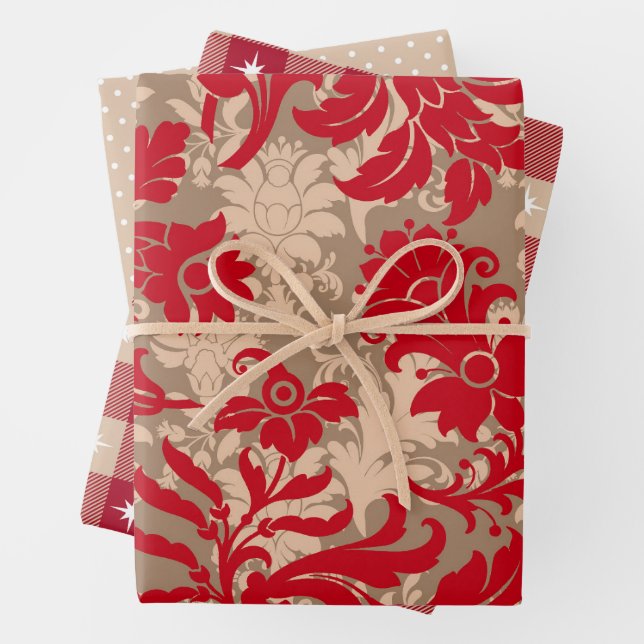 Rustikales Weihnachtsrot und Beige Wrapping Paper  Geschenkpapier Set (Beispiel)