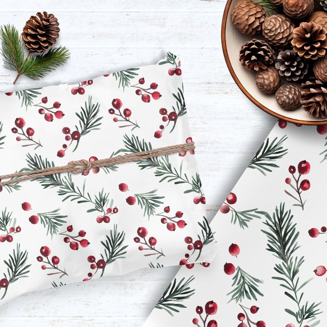 Rustikales Weihnachtswasser-Kiefernholz Branch Ber Seidenpapier (Rustic Christmas Watercolor Pine Branch Berry Tissue Paper)