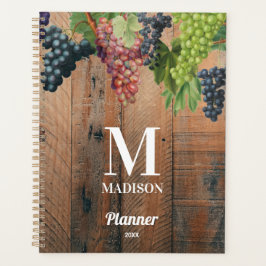 Rustikales Weinbauholz und Traubenmonogramm Planer
