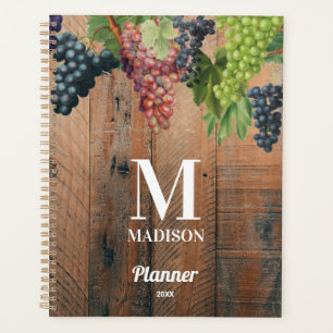 Rustikales Weinbauholz und Traubenmonogramm Planer