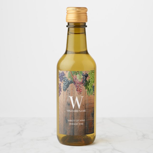 Rustikales Weinbauholz und Traubenmonogramm Weinetikett (Vorderseite)