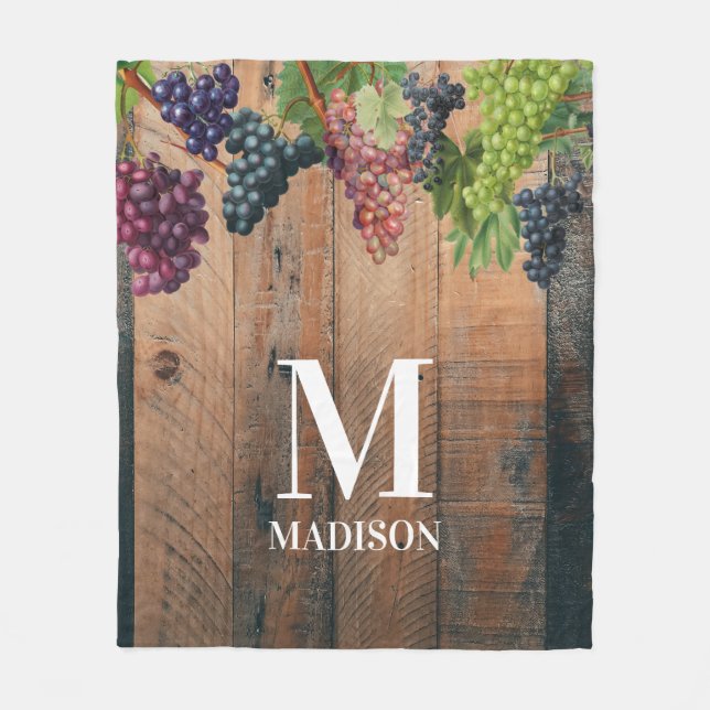 Rustikales Weingut Holz & Trauben Monogramm Fleecedecke (Vorderseite)