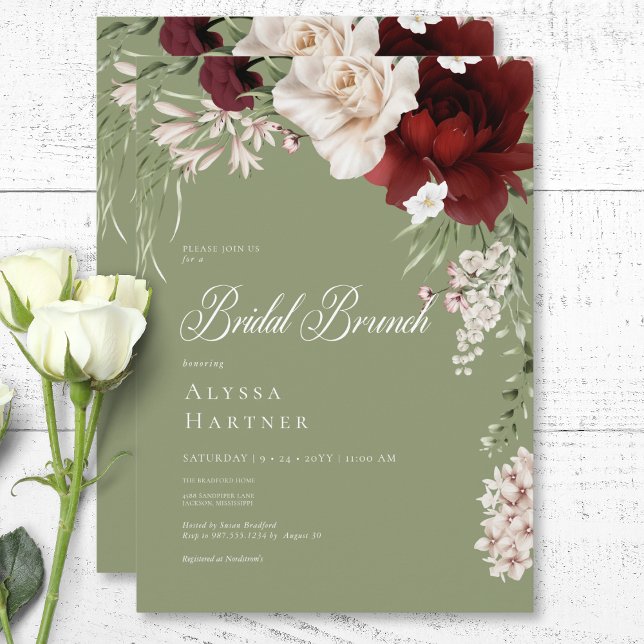 Rustikales Weiß & Burgund Blumenbridal Brunch Einladung (Rustic White & Burgundy Floral Green Bridal Brunch Invitation)