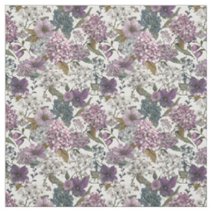 Rustikales Weiß Lila Botanisches Vintage-Blumenmus Stoff