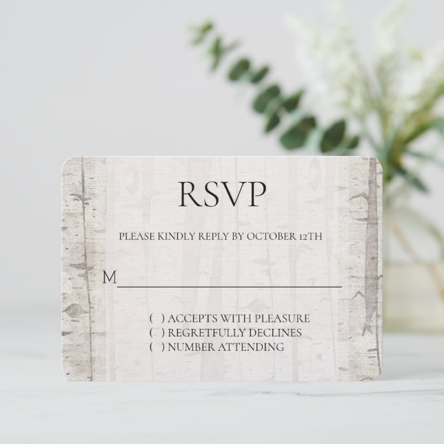 Rustikales Weißcreme-Birkenbäume Hochzeit RSVP (Stehend Vorderseite)